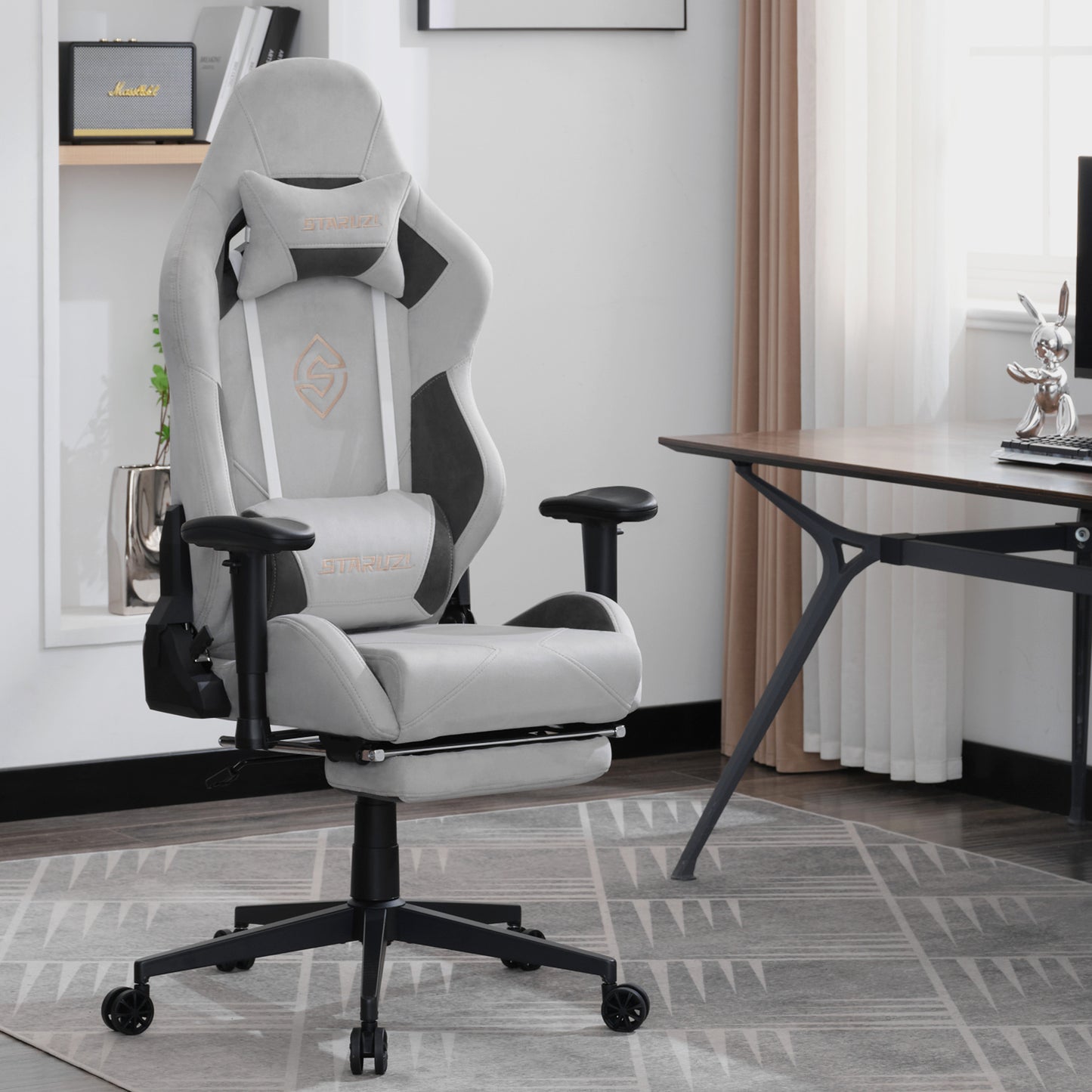 STARUZI Ergonomischer Gaming Stuhl 180 kg Belastbarkeit, Computer Stuhl aus Wildlederimitat Stoff für Kinder/Junge Mädchen/Erwachsener, Grau Bürostuhl mit Fußstütze(Grau)