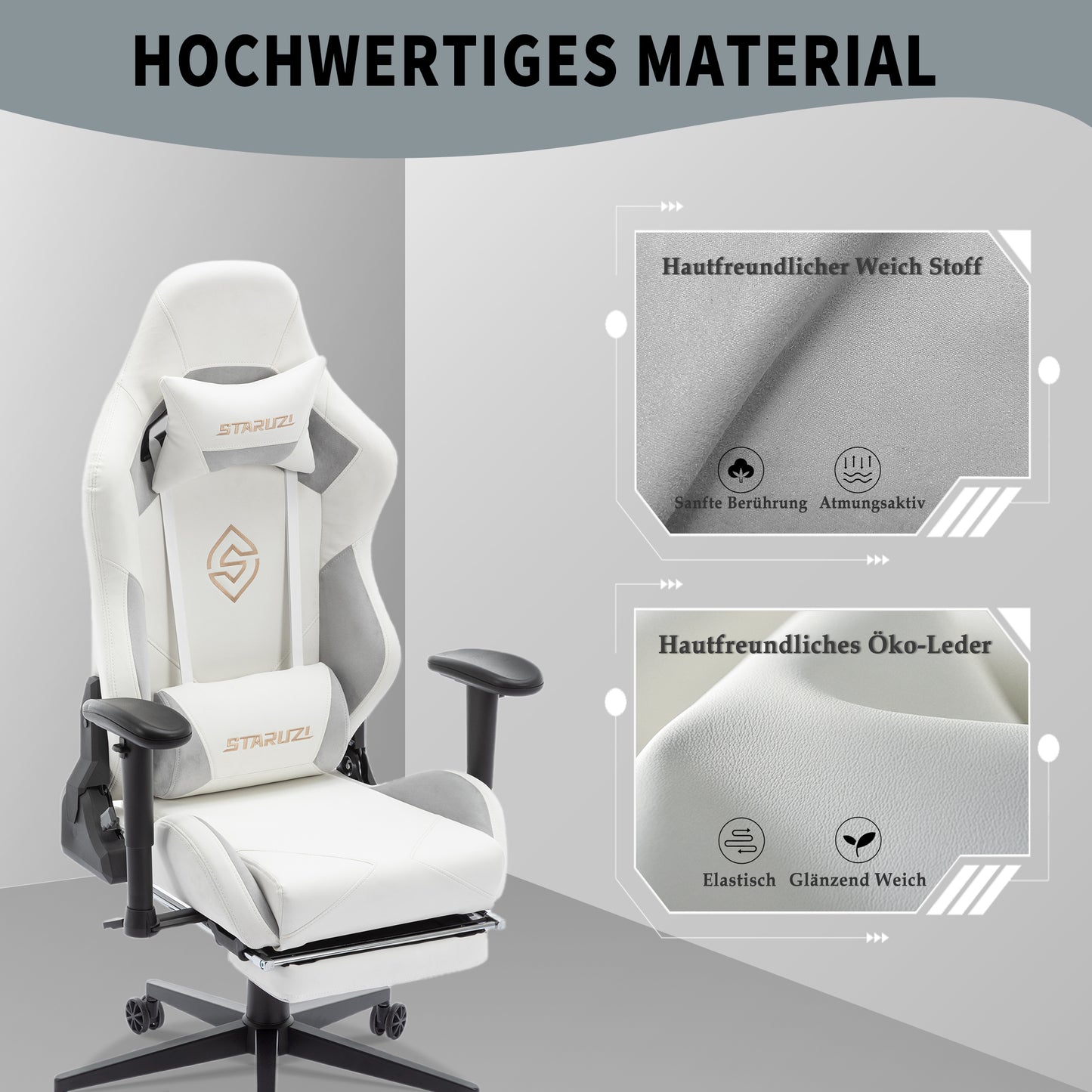 STARUZI Ergonomischer Gaming Stuhl 180 kg Belastbarkeit, Computer Stuhl aus Wildlederimitat Stoff für Kinder/Junge Mädchen/Erwachsener, Grau Bürostuhl mit Fußstütze(Weiß)