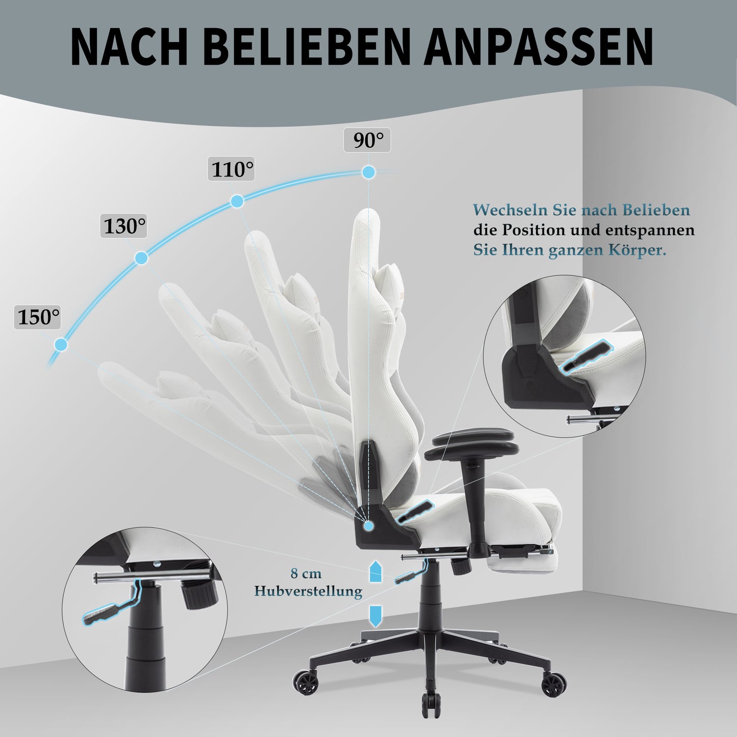 STARUZI Ergonomischer Gaming Stuhl 180 kg Belastbarkeit, Computer Stuhl aus Wildlederimitat Stoff für Kinder/Junge Mädchen/Erwachsener, Grau Bürostuhl mit Fußstütze(Weiß)