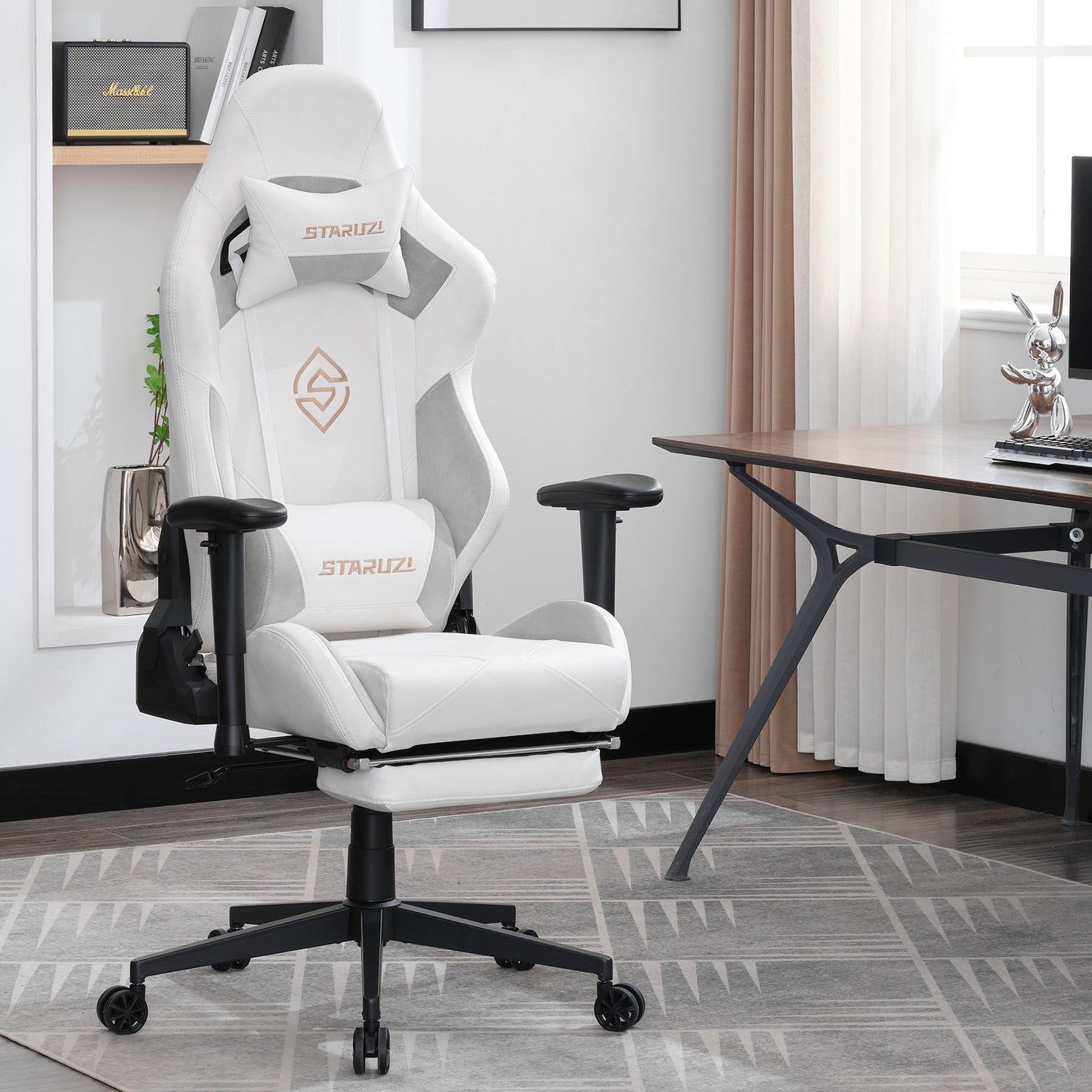 STARUZI Ergonomischer Gaming Stuhl 180 kg Belastbarkeit, Computer Stuhl aus Wildlederimitat Stoff für Kinder/Junge Mädchen/Erwachsener, Grau Bürostuhl mit Fußstütze(Weiß)