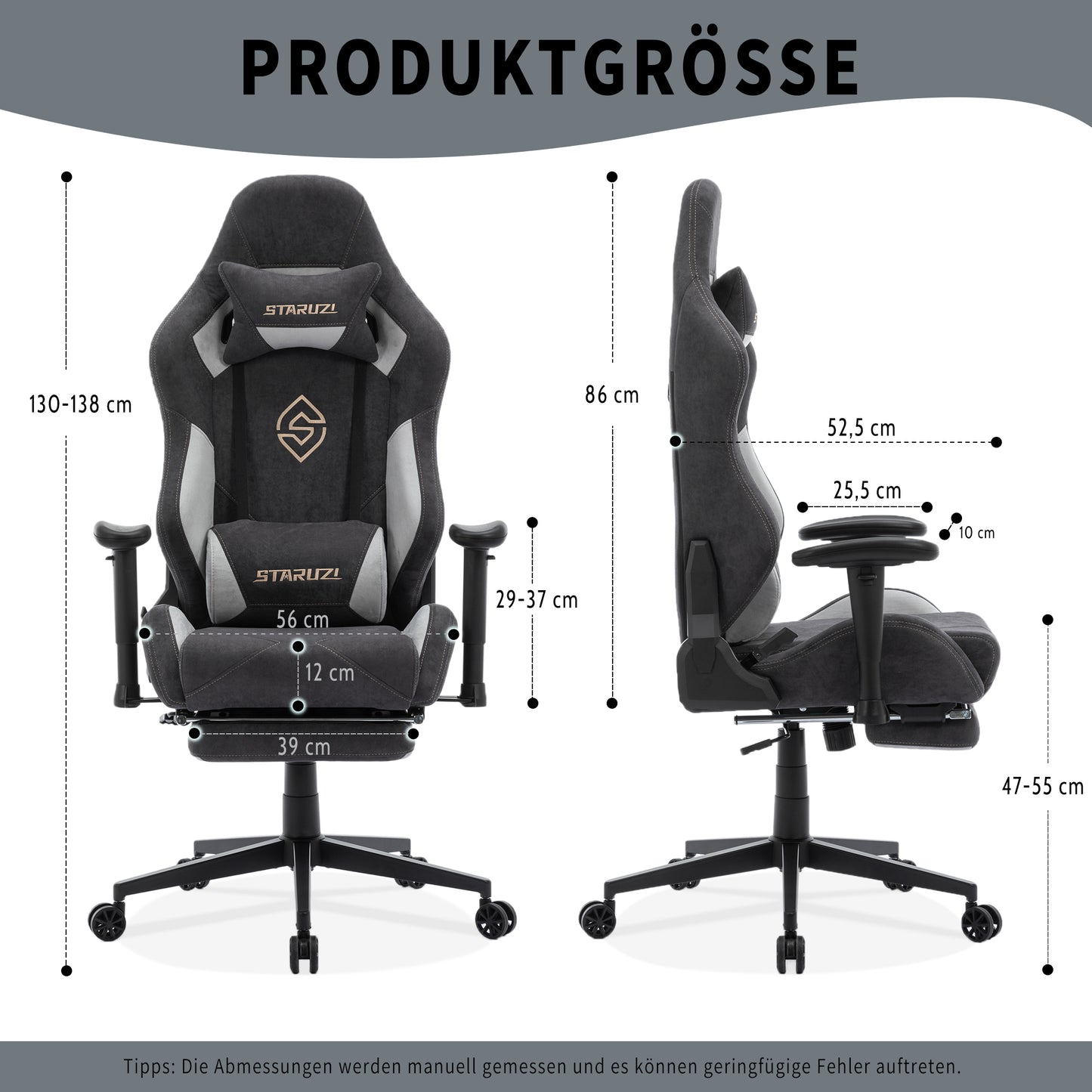 STARUZI Ergonomischer Gaming Stuhl 180 kg Belastbarkeit, Computer Stuhl aus Stoff für Kinder/Junge Mädchen/Erwachsener, Grau Bürostuhl mit Fußstütze(Schwarz)