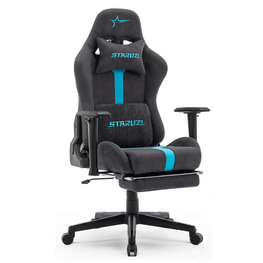 STARUZI Ergonomischer Gaming Stuhl aus Stoff, Gamer PC Stuhl mit Fußstütze, Atmungsaktiver Game Chair mit Verstellbaren Rückenlehne, Grau-Blau