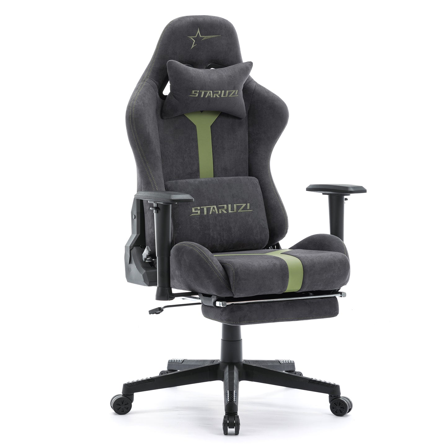 STARUZI Gaming Stuhl Stoff, Ergonomischer PC Stuhl, Gamer Stuhl mit Fußstütze, Atmungsaktiver Game Drehsessel mit Verstellbare Armlehne, Grau-Grün