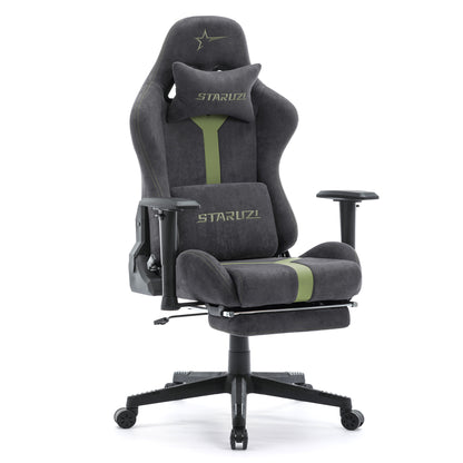 STARUZI Gaming Chair Fabric, Ergonomic PC Chair, Gamer Chair with Footrest, Breathable Game Swivel Chair with Adjustable Armrest, Gray-Green 