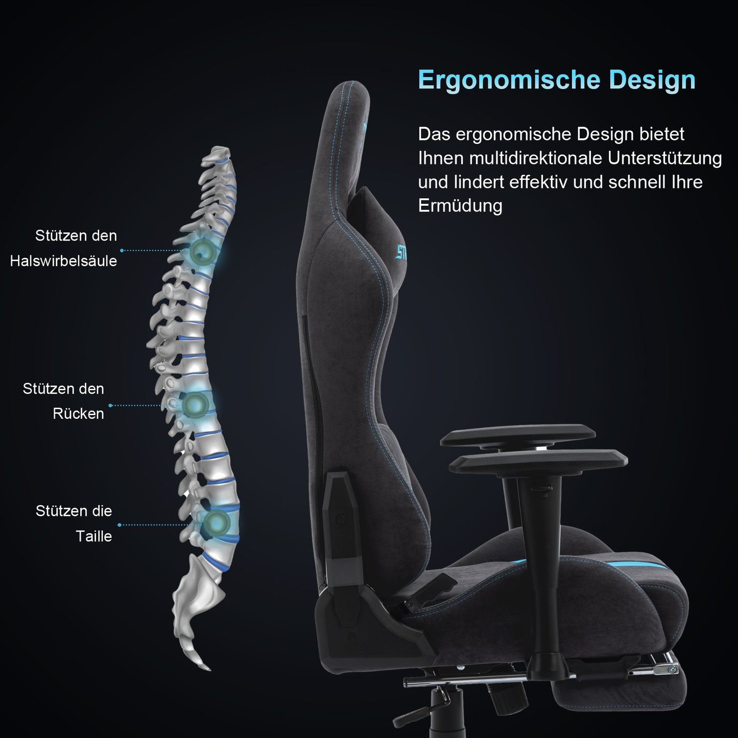 STARUZI Ergonomischer Gaming Stuhl aus Stoff, Gamer PC Stuhl mit Fußstütze, Atmungsaktiver Game Chair mit Verstellbaren Rückenlehne, Grau-Blau