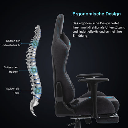 STARUZI Ergonomic Gaming Chair Made of Fabric, Gamer PC Chair with Footrest, Breathable Game Chair with Adjustable Backrest, Gray-Blue 