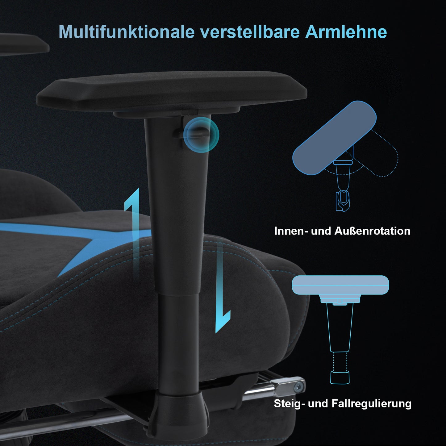 STARUZI Ergonomischer Gaming Stuhl aus Stoff, Gamer PC Stuhl mit Fußstütze, Atmungsaktiver Game Chair mit Verstellbaren Rückenlehne, Grau-Blau