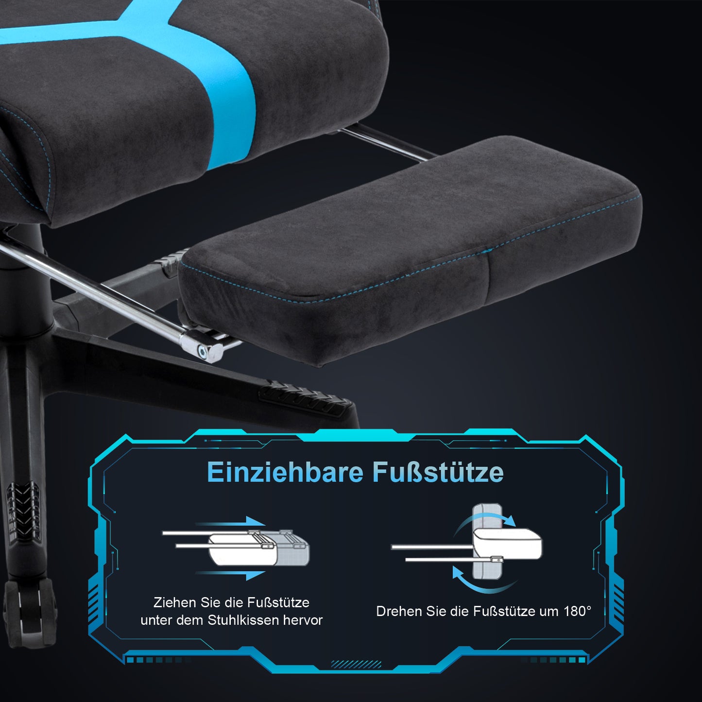 STARUZI Ergonomischer Gaming Stuhl aus Stoff, Gamer PC Stuhl mit Fußstütze, Atmungsaktiver Game Chair mit Verstellbaren Rückenlehne, Grau-Blau