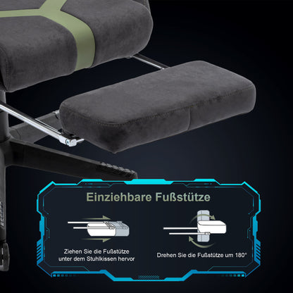 STARUZI Gaming Chair Fabric, Ergonomic PC Chair, Gamer Chair with Footrest, Breathable Game Swivel Chair with Adjustable Armrest, Gray-Green 