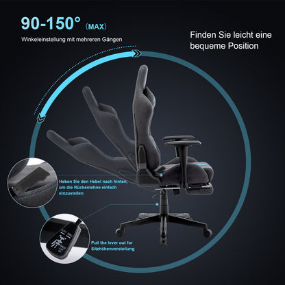 STARUZI Ergonomic Gaming Chair Made of Fabric, Gamer PC Chair with Footrest, Breathable Game Chair with Adjustable Backrest, Gray-Blue 