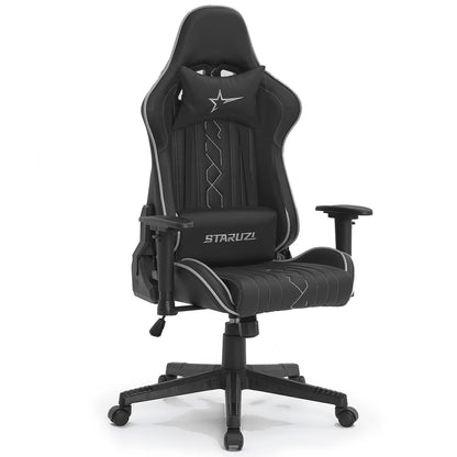 STARUZI gaming chair, ergonomic gaming chair, high back gaming chair/office chair with adjustable lumbar cushion, head cushion and armrests, gaming chair 150 kg load capacity, black gray. 