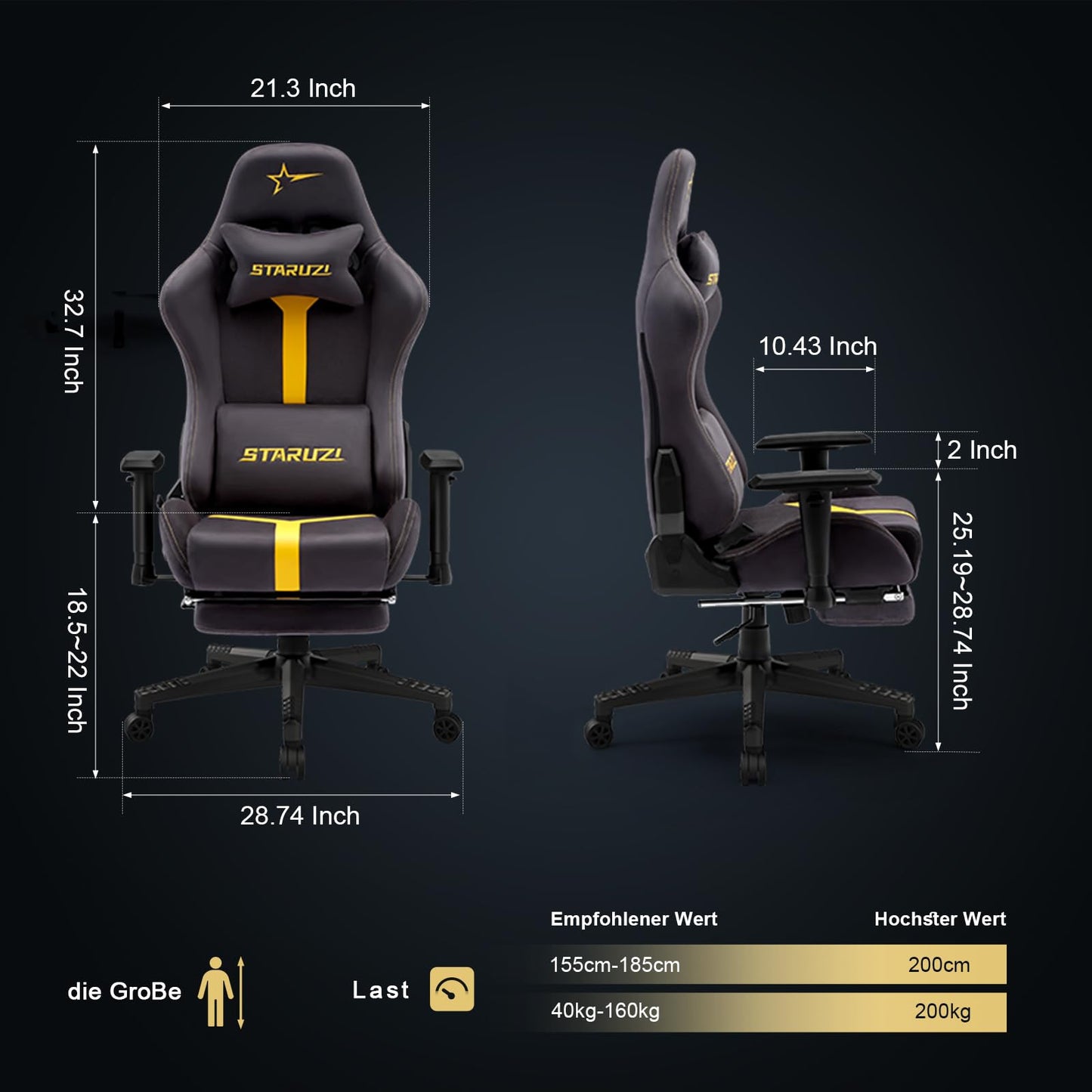 STARUZI Gaming Stuhl, Ergonomischer PC Stuhl, Hochwertige Stoff Gaming Stuhl mit Fußstütze, Atmungsaktiver Game Drehsessel mit Verstellbare Armlehne,Grau-Yellow