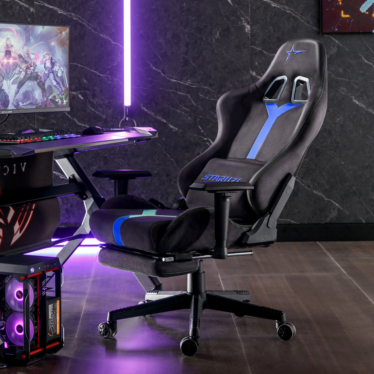 STARUZI Ergonomischer Gaming Stuhl aus Stoff, Gamer PC Stuhl mit Fußstütze, Atmungsaktiver Game Chair mit Verstellbaren Rückenlehne, Grau-Blau