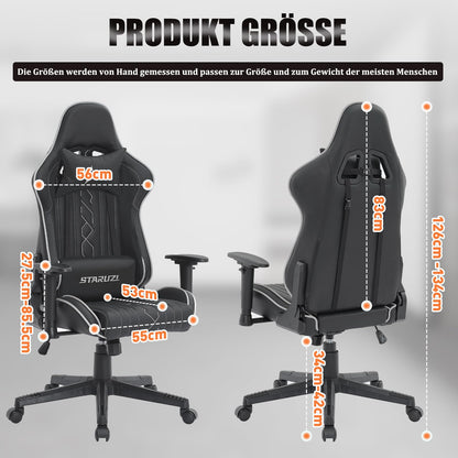 STARUZI gaming chair, ergonomic gaming chair, high back gaming chair/office chair with adjustable lumbar cushion, head cushion and armrests, gaming chair 150 kg load capacity, black gray. 