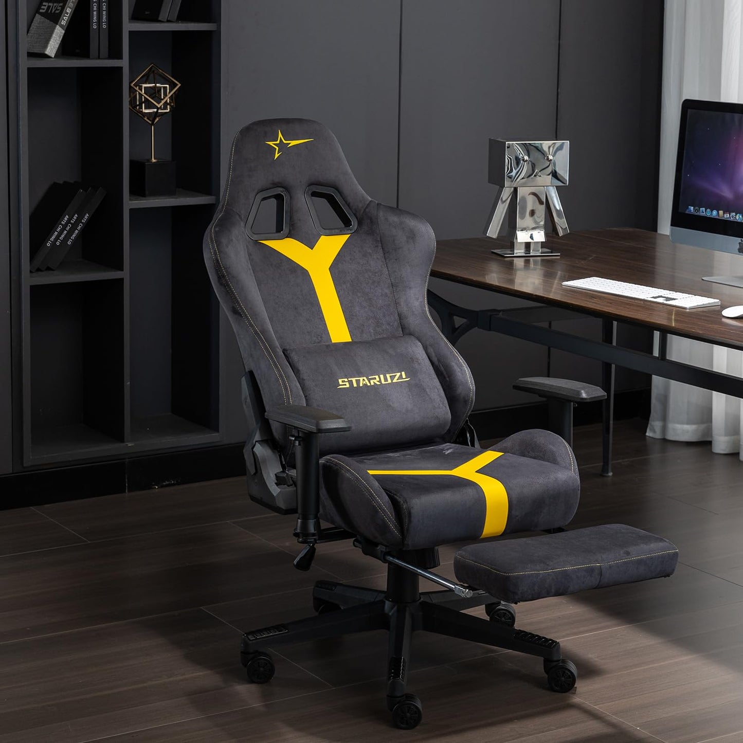 STARUZI Gaming Stuhl, Ergonomischer PC Stuhl, Hochwertige Stoff Gaming Stuhl mit Fußstütze, Atmungsaktiver Game Drehsessel mit Verstellbare Armlehne,Grau-Yellow