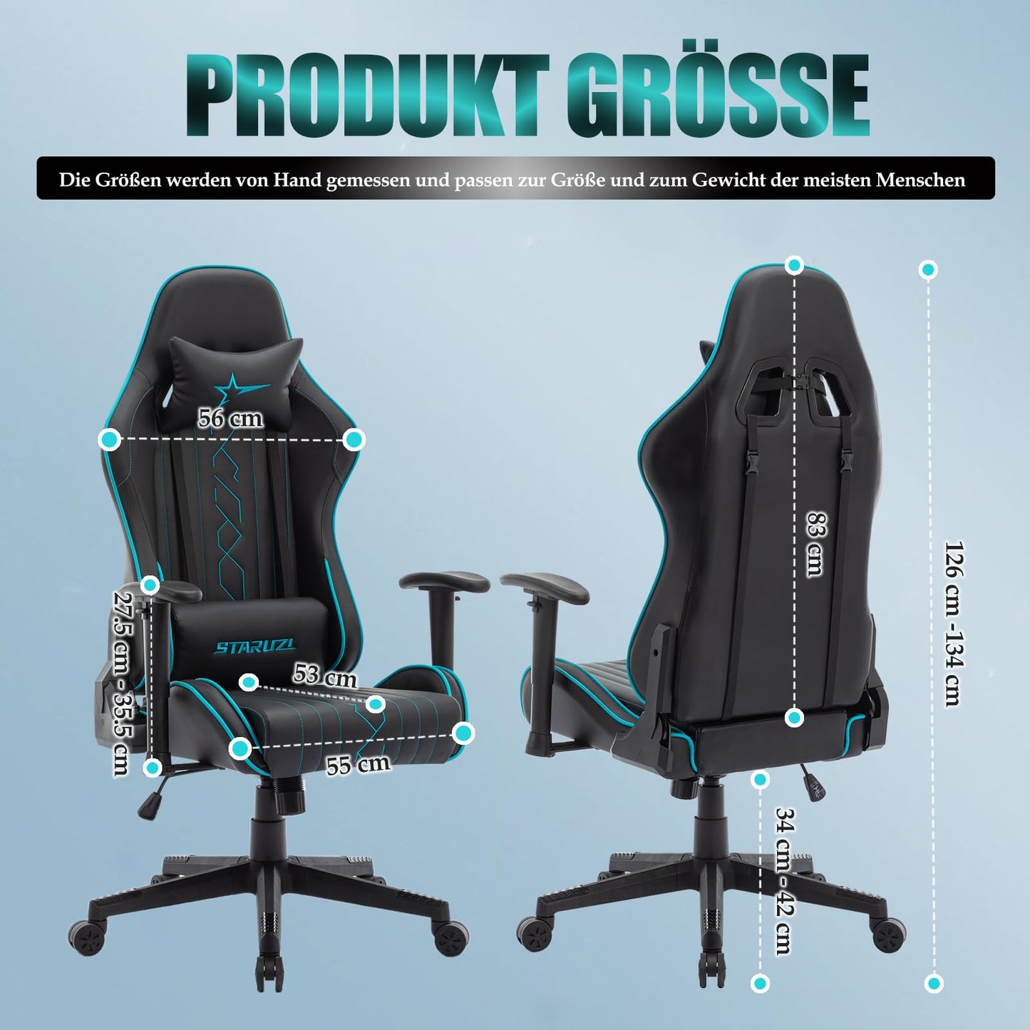 STARUZI Gaming Stuhl 150 kg Belastbarkeit, PU-Leder Gaming Stuhl/Bürostuhl mit Lendenkissen, Kopfkissen |Schwarz Blau