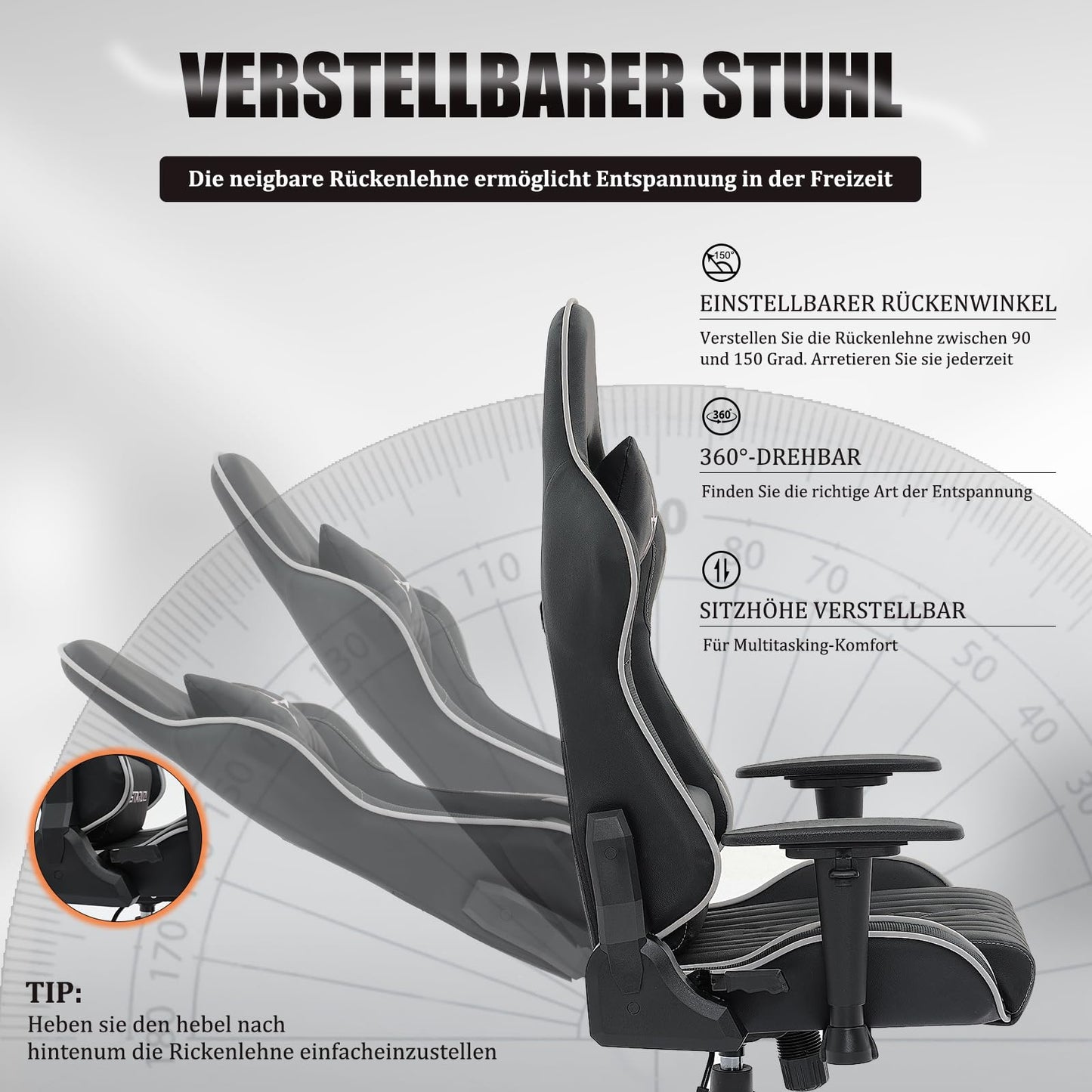 STARUZI Gaming Stuhl, Gaming Stuhl Ergonomisch, Hohe Rückenlehne Gaming Stuhl/Bürostuhl mit verstellbare Lendenkissen, Kopfkissen und Armlehnen, Gaming Stuhl 150 kg Belastbarkeit, Schwarz Grau.