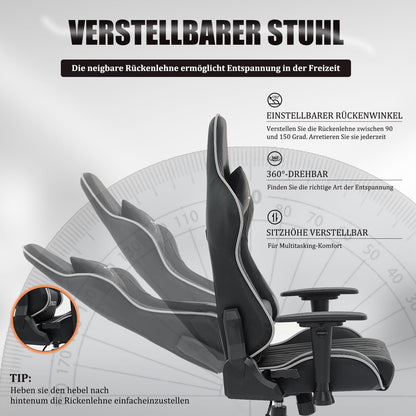 STARUZI gaming chair, ergonomic gaming chair, high back gaming chair/office chair with adjustable lumbar cushion, head cushion and armrests, gaming chair 150 kg load capacity, black gray. 