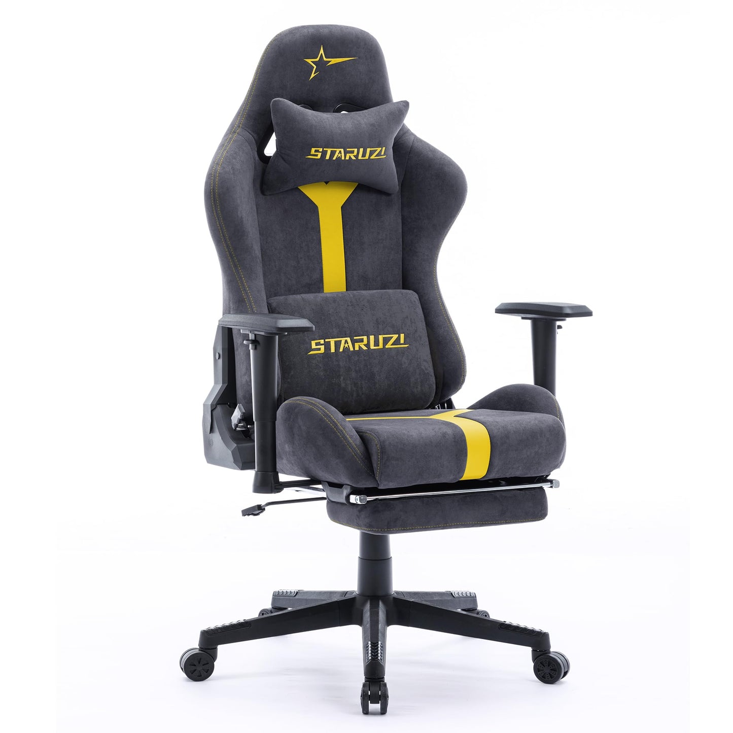 STARUZI Gaming Stuhl, Ergonomischer PC Stuhl, Hochwertige Stoff Gaming Stuhl mit Fußstütze, Atmungsaktiver Game Drehsessel mit Verstellbare Armlehne,Grau-Yellow