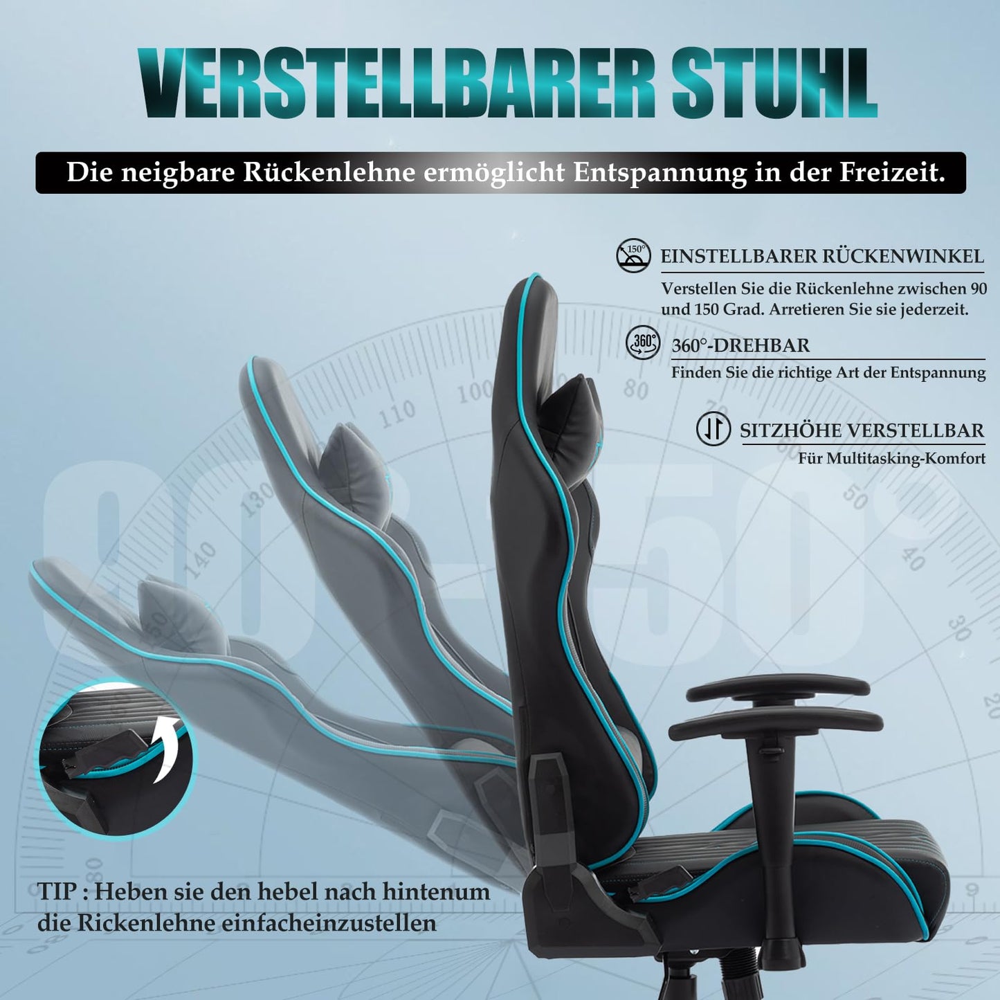 STARUZI Gaming Stuhl 150 kg Belastbarkeit, PU-Leder Gaming Stuhl/Bürostuhl mit Lendenkissen, Kopfkissen |Schwarz Blau