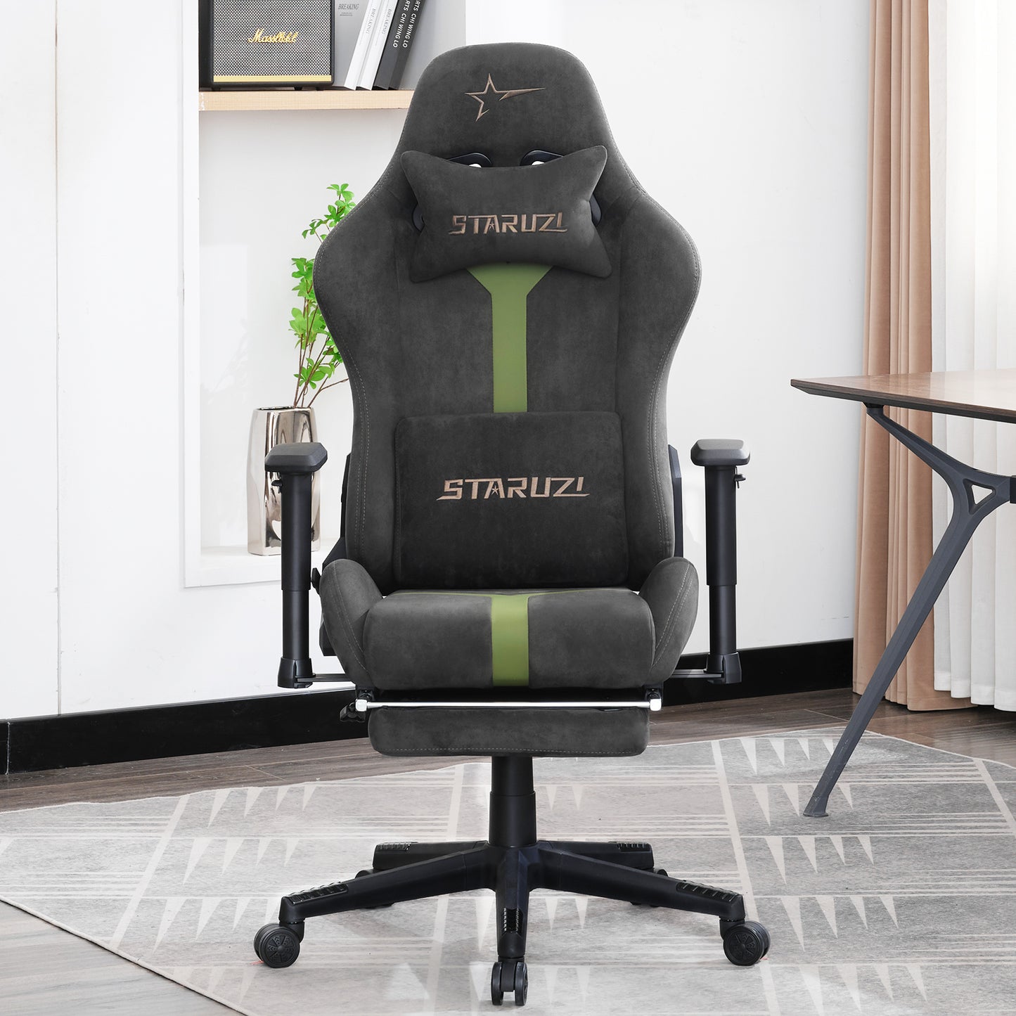 STARUZI Gaming Stuhl Stoff, Ergonomischer PC Stuhl, Gamer Stuhl mit Fußstütze, Atmungsaktiver Game Drehsessel mit Verstellbare Armlehne, Grau-Grün