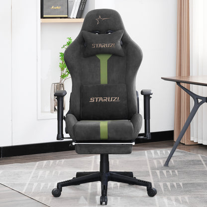STARUZI Gaming Chair Fabric, Ergonomic PC Chair, Gamer Chair with Footrest, Breathable Game Swivel Chair with Adjustable Armrest, Gray-Green 