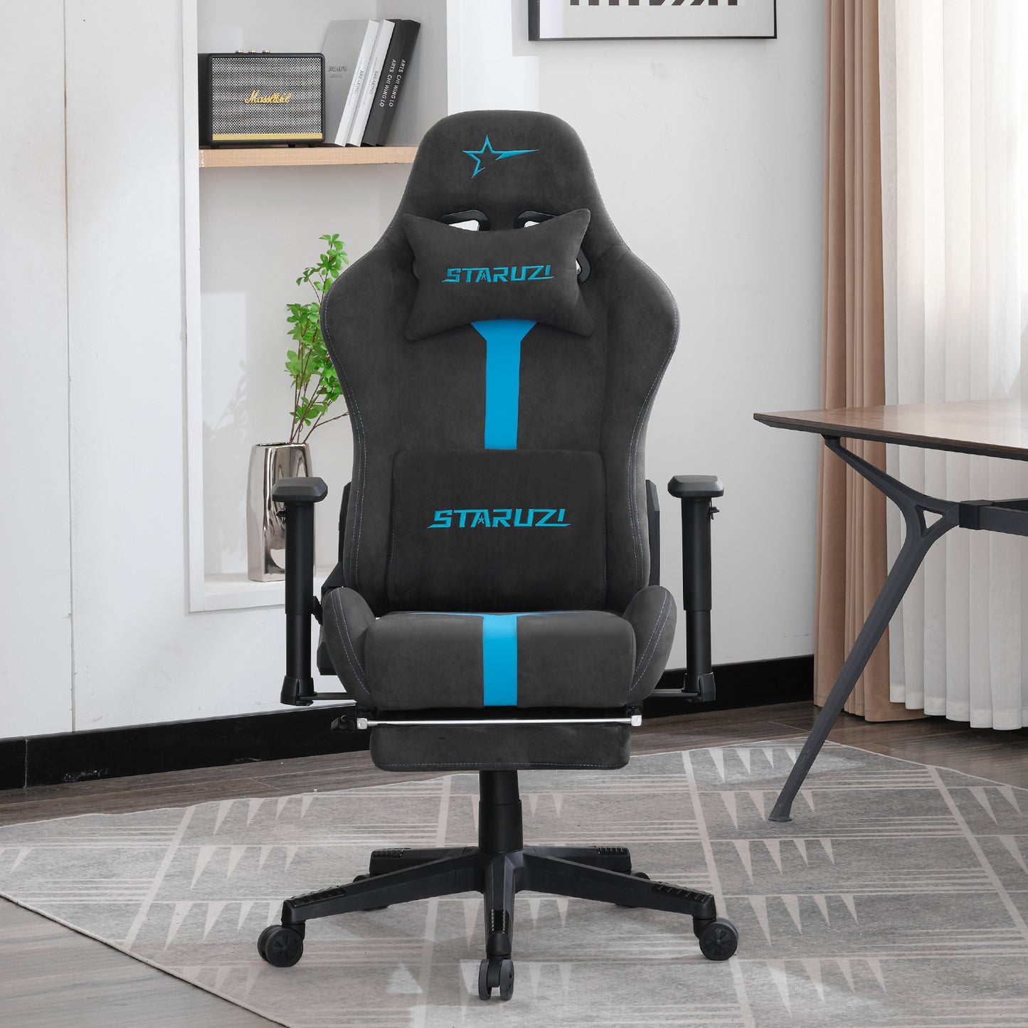 STARUZI Ergonomischer Gaming Stuhl aus Stoff, Gamer PC Stuhl mit Fußstütze, Atmungsaktiver Game Chair mit Verstellbaren Rückenlehne, Grau-Blau