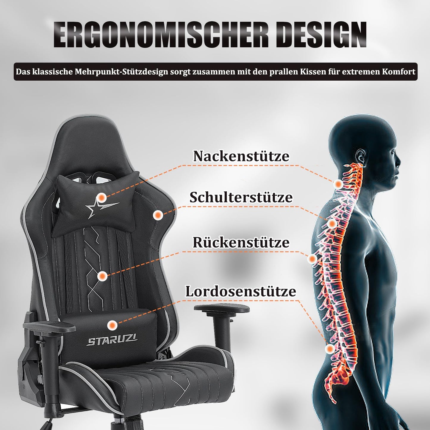 STARUZI Gaming Stuhl, Gaming Stuhl Ergonomisch, Hohe Rückenlehne Gaming Stuhl/Bürostuhl mit verstellbare Lendenkissen, Kopfkissen und Armlehnen, Gaming Stuhl 150 kg Belastbarkeit, Schwarz Grau.