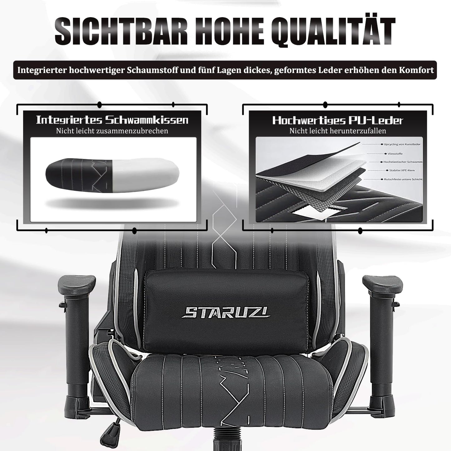 STARUZI Gaming Stuhl, Gaming Stuhl Ergonomisch, Hohe Rückenlehne Gaming Stuhl/Bürostuhl mit verstellbare Lendenkissen, Kopfkissen und Armlehnen, Gaming Stuhl 150 kg Belastbarkeit, Schwarz Grau.