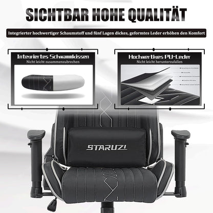 STARUZI gaming chair, ergonomic gaming chair, high back gaming chair/office chair with adjustable lumbar cushion, head cushion and armrests, gaming chair 150 kg load capacity, black gray. 