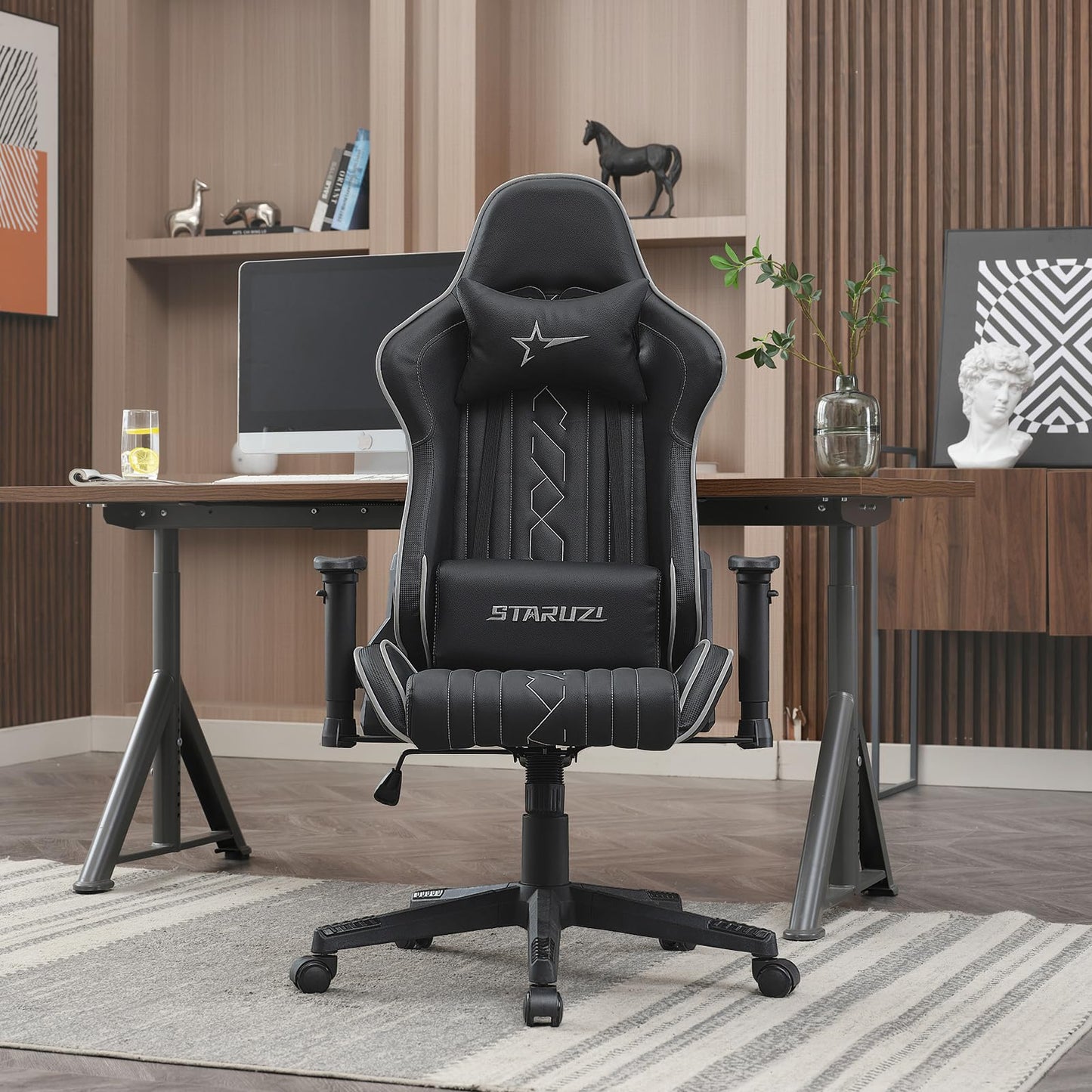 STARUZI Gaming Stuhl, Gaming Stuhl Ergonomisch, Hohe Rückenlehne Gaming Stuhl/Bürostuhl mit verstellbare Lendenkissen, Kopfkissen und Armlehnen, Gaming Stuhl 150 kg Belastbarkeit, Schwarz Grau.