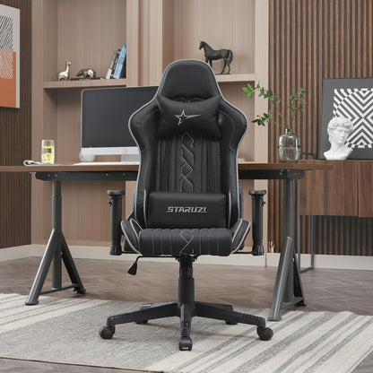 STARUZI gaming chair, ergonomic gaming chair, high back gaming chair/office chair with adjustable lumbar cushion, head cushion and armrests, gaming chair 150 kg load capacity, black gray. 