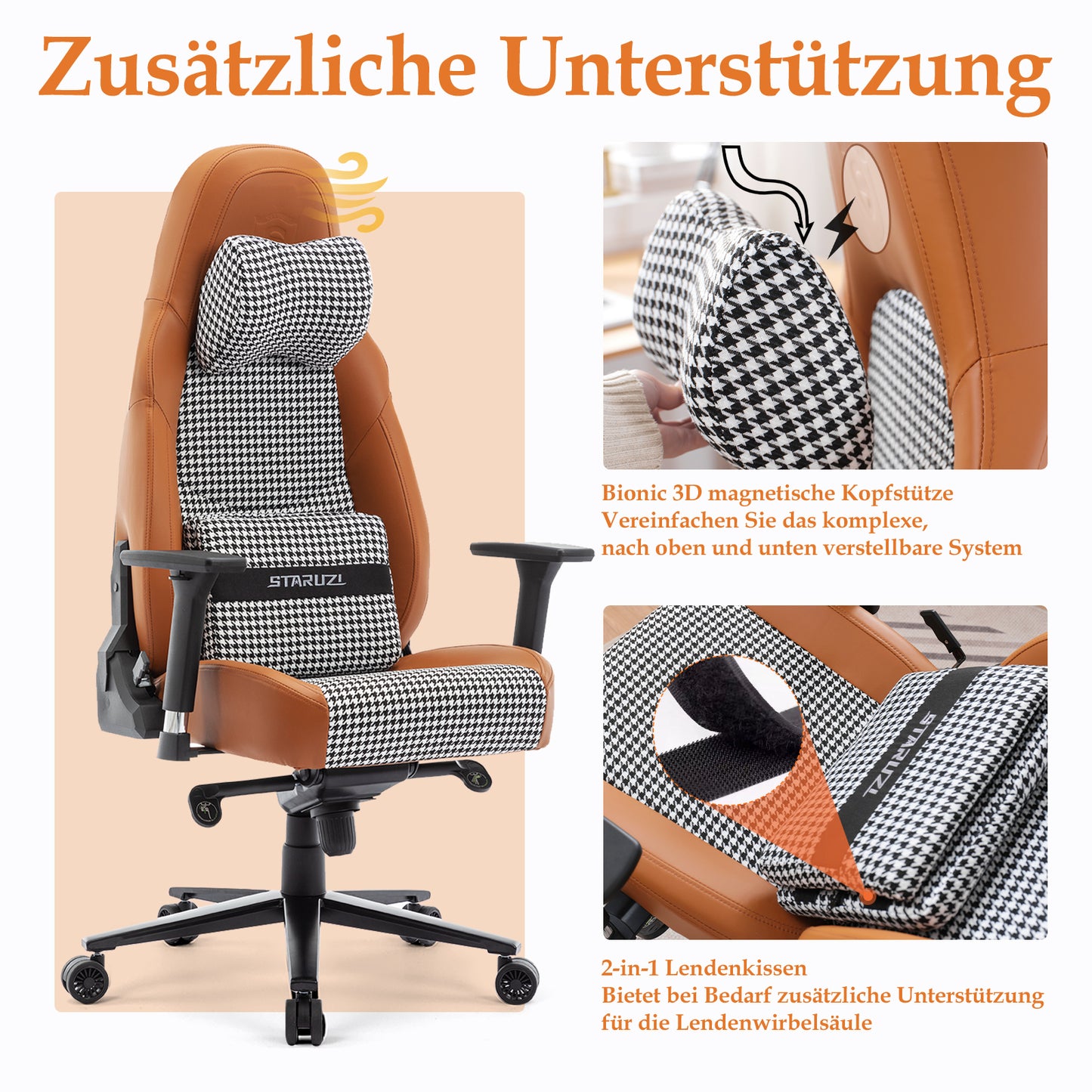 STARUZI Gaming Stuhl 200kg Belastbarkeit | Schreibtischstuhl/Retro Chefsessel Bürostuhl, Antifouling PU-Kunstleder & Hahnentritt Stoff, Großes Kissen