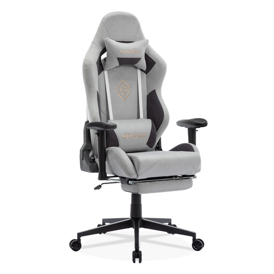 STARUZI Ergonomischer Gaming Stuhl 180 kg Belastbarkeit, Computer Stuhl aus Wildlederimitat Stoff für Kinder/Junge Mädchen/Erwachsener, Grau Bürostuhl mit Fußstütze（Grau）