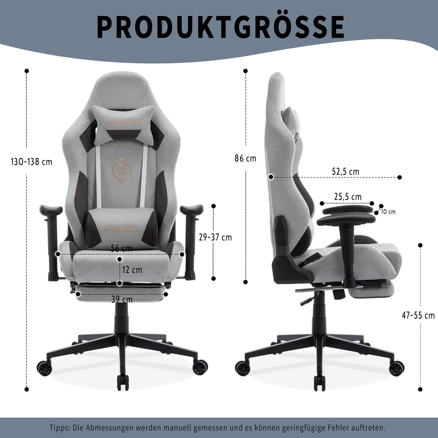 STARUZI Ergonomischer Gaming Stuhl 180 kg Belastbarkeit, Computer Stuhl aus Wildlederimitat Stoff für Kinder/Junge Mädchen/Erwachsener, Grau Bürostuhl mit Fußstütze（Grau）