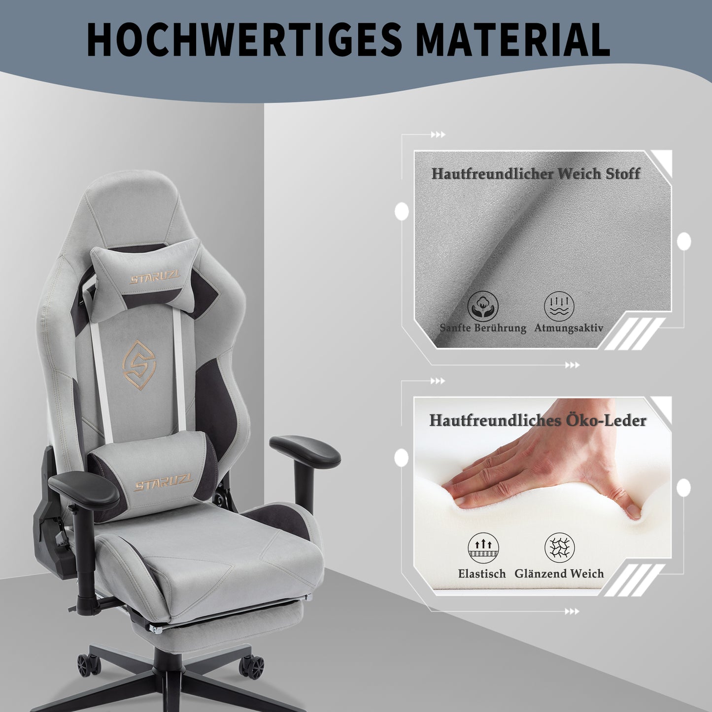 STARUZI Ergonomischer Gaming Stuhl 180 kg Belastbarkeit, Computer Stuhl aus Wildlederimitat Stoff für Kinder/Junge Mädchen/Erwachsener, Grau Bürostuhl mit Fußstütze（Grau）