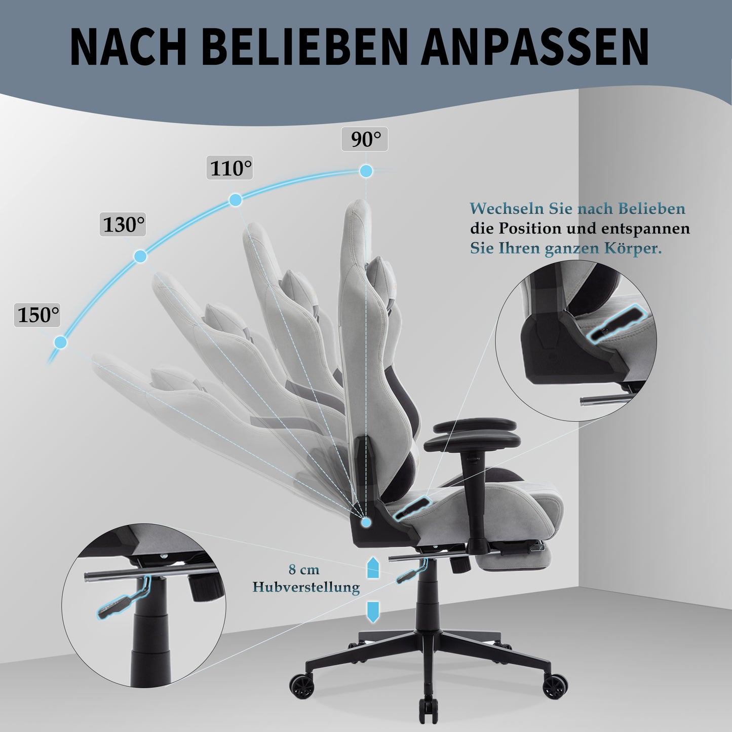 STARUZI Ergonomischer Gaming Stuhl 180 kg Belastbarkeit, Computer Stuhl aus Wildlederimitat Stoff für Kinder/Junge Mädchen/Erwachsener, Grau Bürostuhl mit Fußstütze（Grau）