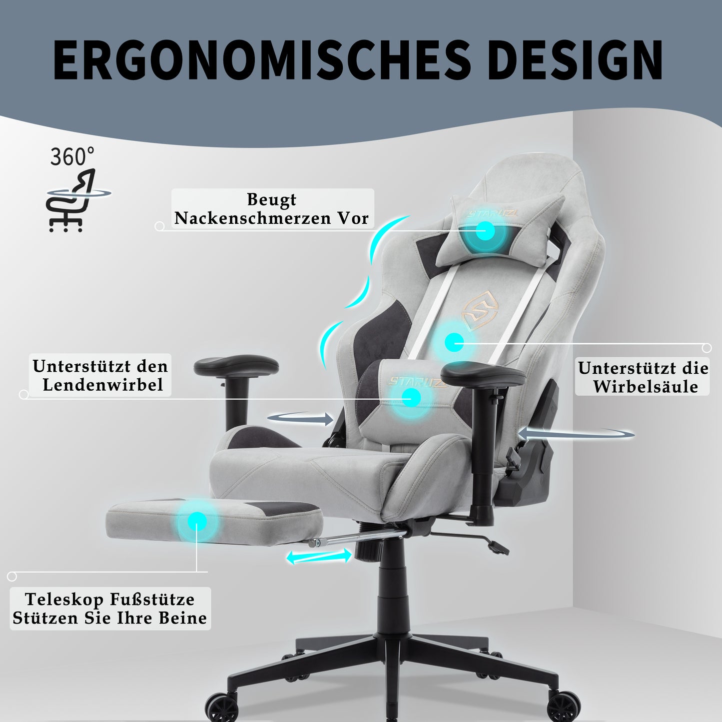 STARUZI Ergonomischer Gaming Stuhl 180 kg Belastbarkeit, Computer Stuhl aus Wildlederimitat Stoff für Kinder/Junge Mädchen/Erwachsener, Grau Bürostuhl mit Fußstütze（Grau）