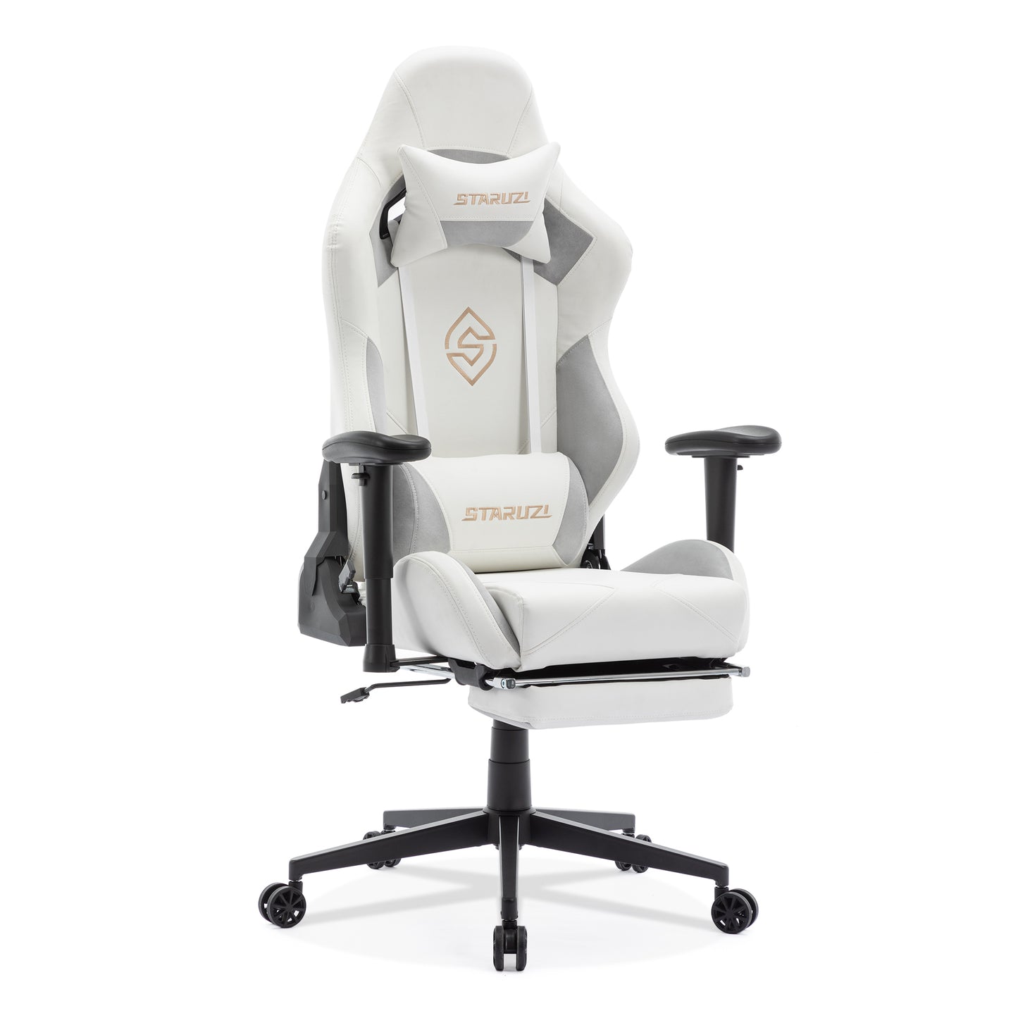 STARUZI Ergonomischer Gaming Stuhl 180 kg Belastbarkeit, Computer Stuhl aus Wildlederimitat Stoff für Kinder/Junge Mädchen/Erwachsener, Grau Bürostuhl mit Fußstütze（Weiß）