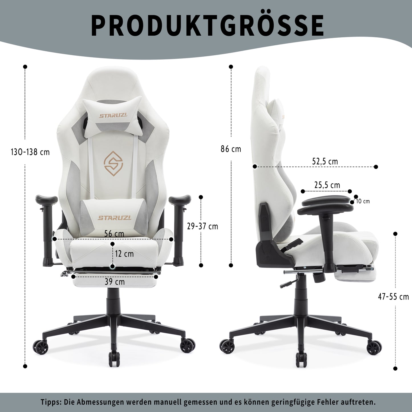 STARUZI Ergonomischer Gaming Stuhl 180 kg Belastbarkeit, Computer Stuhl aus Wildlederimitat Stoff für Kinder/Junge Mädchen/Erwachsener, Grau Bürostuhl mit Fußstütze（Weiß）