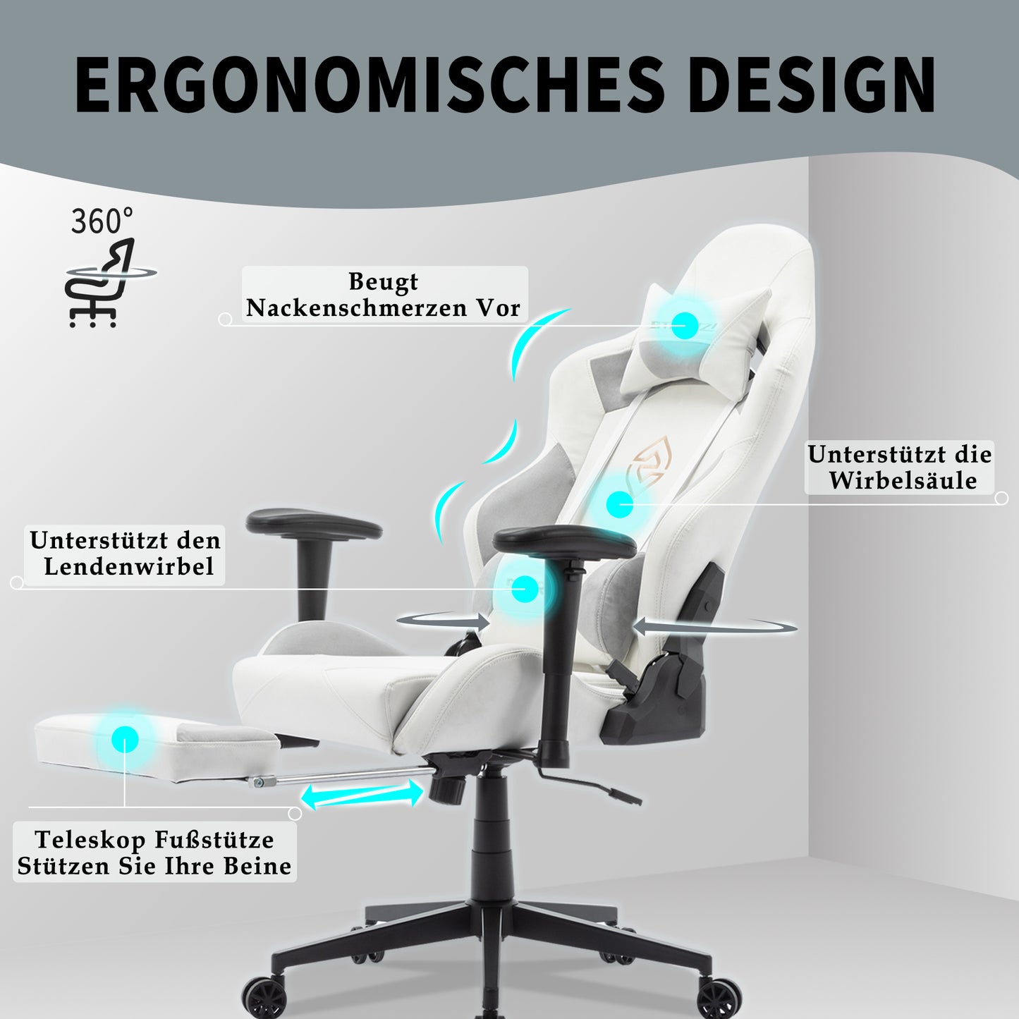 STARUZI Ergonomischer Gaming Stuhl 180 kg Belastbarkeit, Computer Stuhl aus Wildlederimitat Stoff für Kinder/Junge Mädchen/Erwachsener, Grau Bürostuhl mit Fußstütze（Weiß）