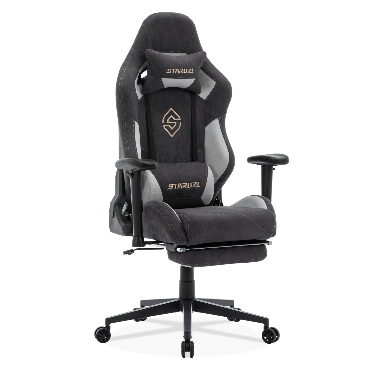 STARUZI Ergonomischer Gaming Stuhl 180 kg Belastbarkeit, Computer Stuhl aus Stoff für Kinder/Junge Mädchen/Erwachsener, Grau Bürostuhl mit Fußstütze（Schwarz）