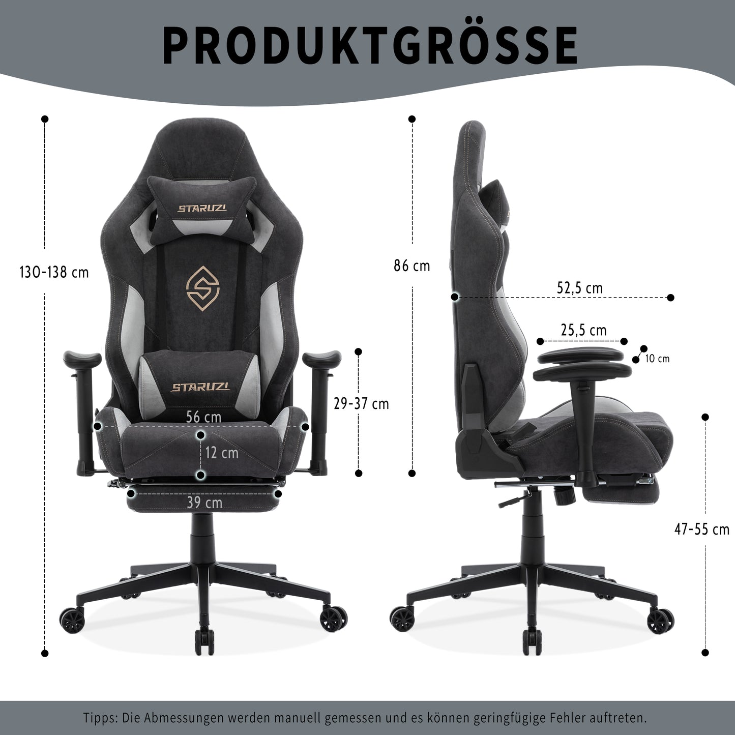 STARUZI Ergonomischer Gaming Stuhl 180 kg Belastbarkeit, Computer Stuhl aus Stoff für Kinder/Junge Mädchen/Erwachsener, Grau Bürostuhl mit Fußstütze（Schwarz）