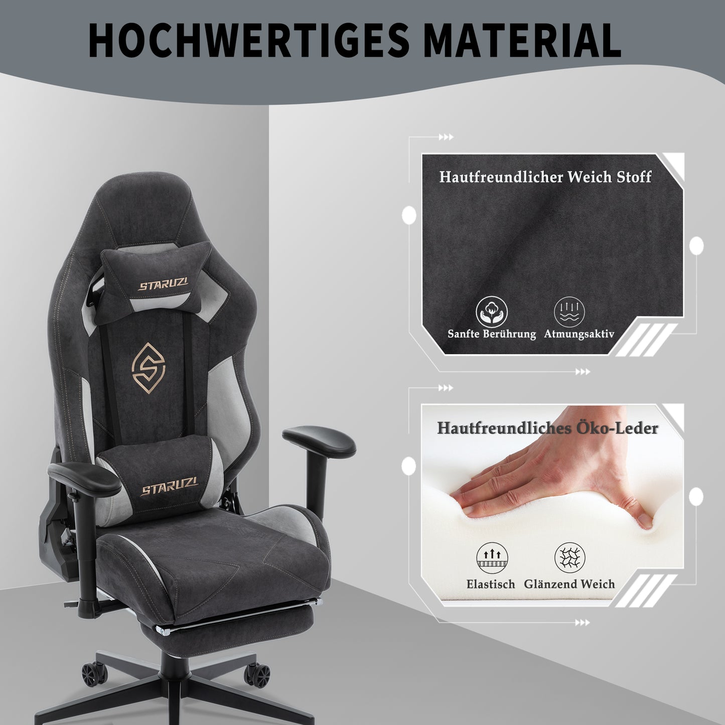 STARUZI Ergonomischer Gaming Stuhl 180 kg Belastbarkeit, Computer Stuhl aus Stoff für Kinder/Junge Mädchen/Erwachsener, Grau Bürostuhl mit Fußstütze（Schwarz）