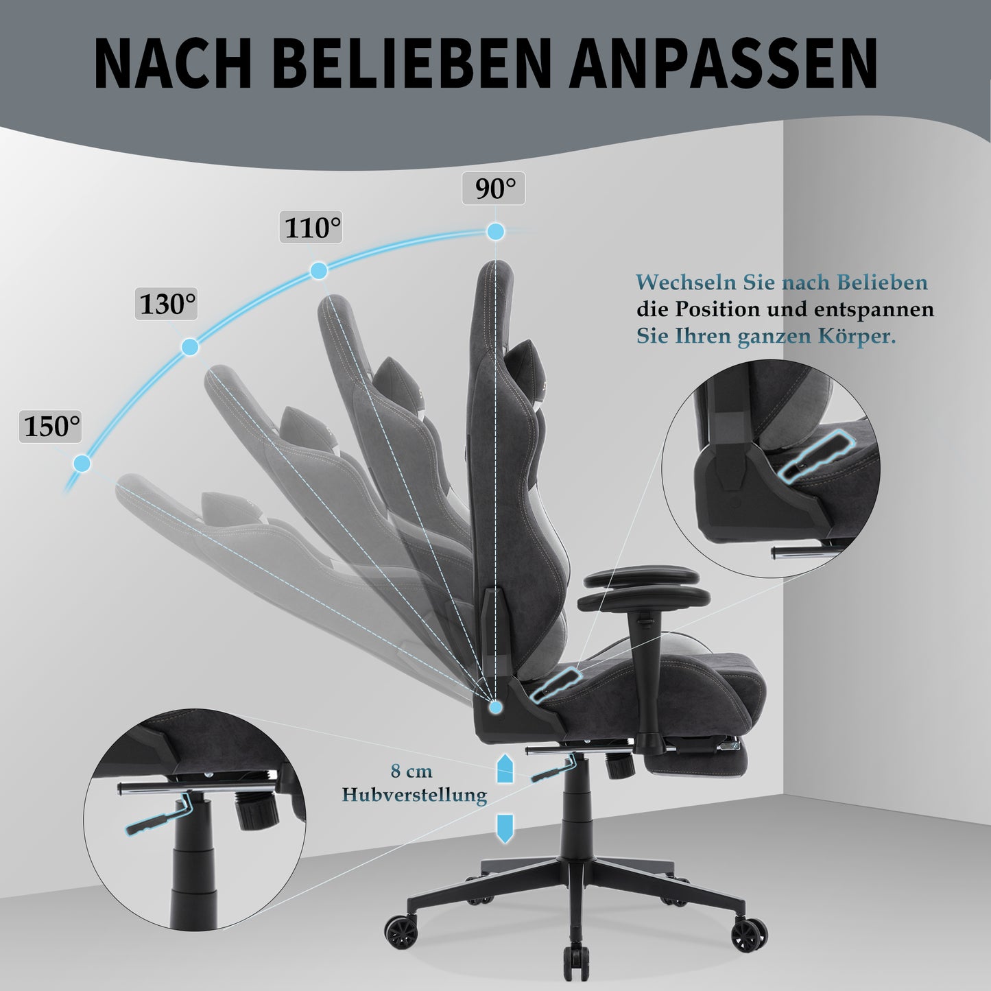 STARUZI Ergonomischer Gaming Stuhl 180 kg Belastbarkeit, Computer Stuhl aus Stoff für Kinder/Junge Mädchen/Erwachsener, Grau Bürostuhl mit Fußstütze（Schwarz）