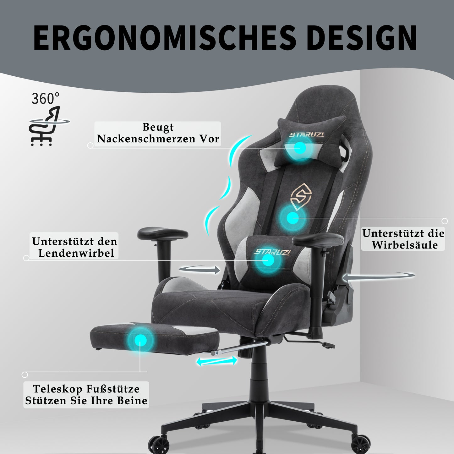 STARUZI Ergonomischer Gaming Stuhl 180 kg Belastbarkeit, Computer Stuhl aus Stoff für Kinder/Junge Mädchen/Erwachsener, Grau Bürostuhl mit Fußstütze（Schwarz）