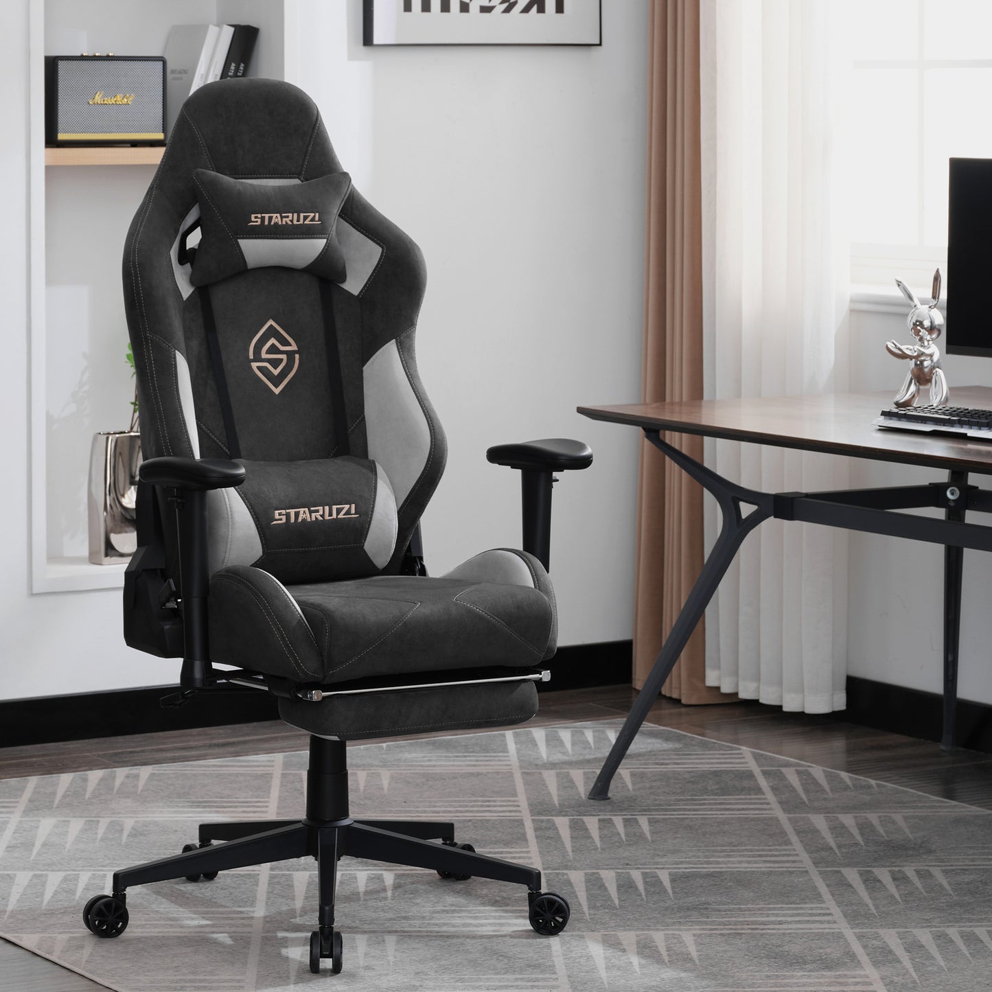 STARUZI Ergonomischer Gaming Stuhl 180 kg Belastbarkeit, Computer Stuhl aus Stoff für Kinder/Junge Mädchen/Erwachsener, Grau Bürostuhl mit Fußstütze（Schwarz）