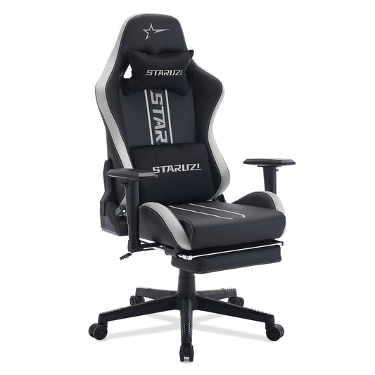 STARUZI Ergonomischer Gaming Stuhl/Gamer Stuhl mit Fußstütze, 180 kg Belastbarkeit, PU Leder Gaming Chair mit Verstellbaren Armlehnen, Rückenlehne und Sitzhöhe, Grau