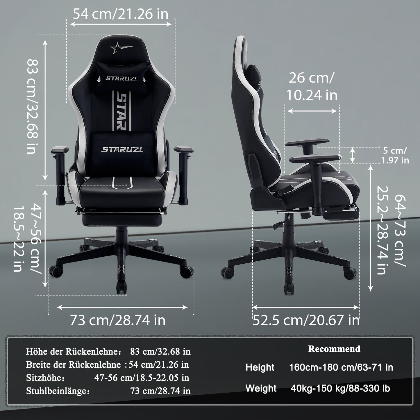 STARUZI Ergonomischer Gaming Stuhl/Gamer Stuhl mit Fußstütze, 180 kg Belastbarkeit, PU Leder Gaming Chair mit Verstellbaren Armlehnen, Rückenlehne und Sitzhöhe, Grau