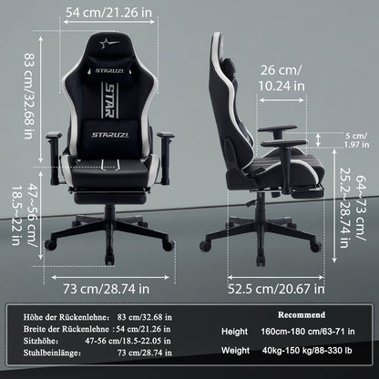STARUZI Ergonomic Gaming Chair/Gamer Chair with Footrest, 180 kg Load Capacity, PU Leather Gaming Chair with Adjustable Armrests, Backrest and Seat Height, Gray 